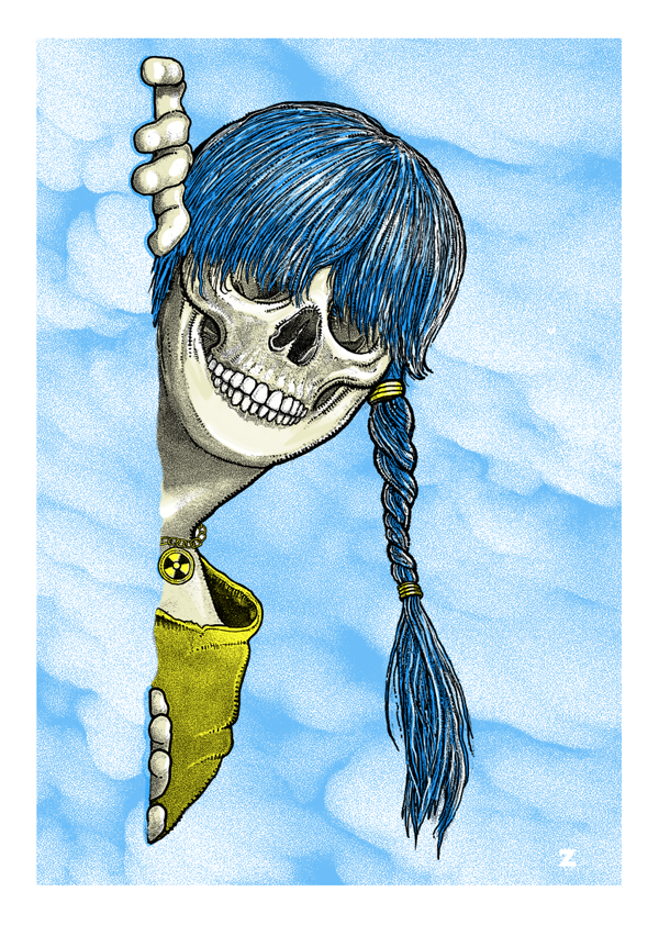 A skeleton illustration with a blue braided hairstyle and bangs, donned in a yellow sleeve with a radiation symbol, smiles playfully under fluffy clouds. Capturing Zoltrons iconic style, this vivid screen print brings the artwork to life.