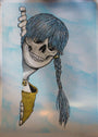 A grinning skull with blue hair and a braided ponytail peers through a tear in the blue background, sporting a yellow glove with a radioactive symbol—a mysterious nod to Zoltrons style in Sue Nami: Messenger screen print.