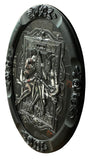 An ornate circular black frame encases Handiedans Counterfeiter No. 4. This relief sculpture showcases intertwined human figures, intricate patterns, a central butterfly motif, and floral elements—ideal for Art Basel Miami Beach.