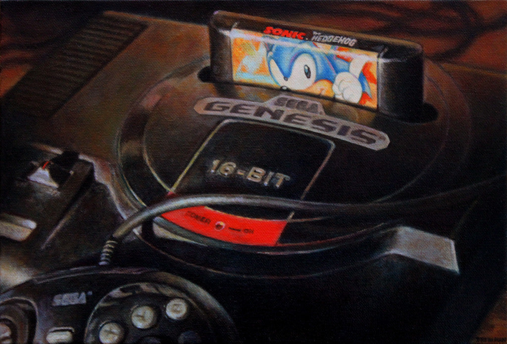 A close-up of an Allan Innman Sega Genesis console with a Sonic the Hedgehog cartridge exudes a nostalgic, retro vibe. A controller is partly visible in the foreground, while an Oil on canvas texture gives this scene a rich painterly touch.