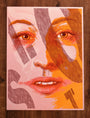 This Bartosz Kosowski piece is a stylized screenprint of a womans face in pink and orange tones, featuring bold linework and abstract lettering overlapping her face against a wood-textured background.