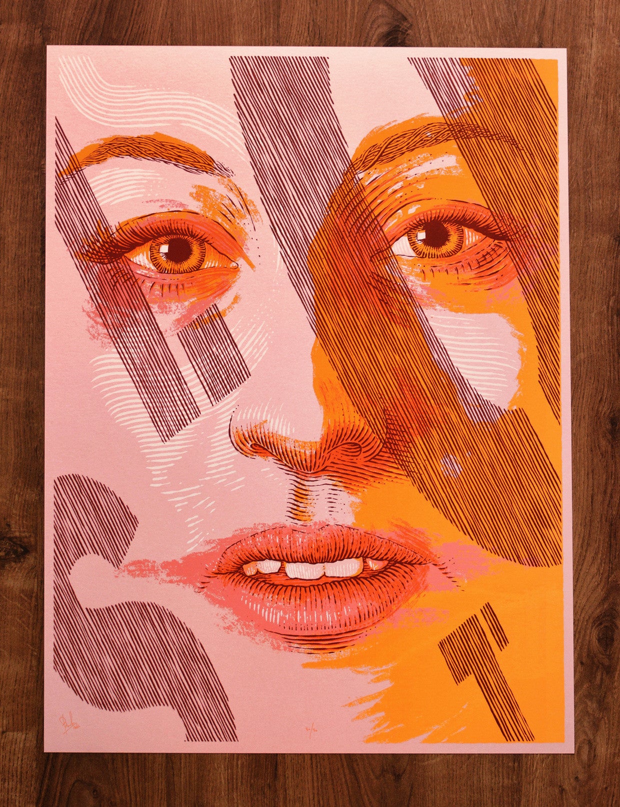 This Bartosz Kosowski piece is a stylized screenprint of a womans face in pink and orange tones, featuring bold linework and abstract lettering overlapping her face against a wood-textured background.