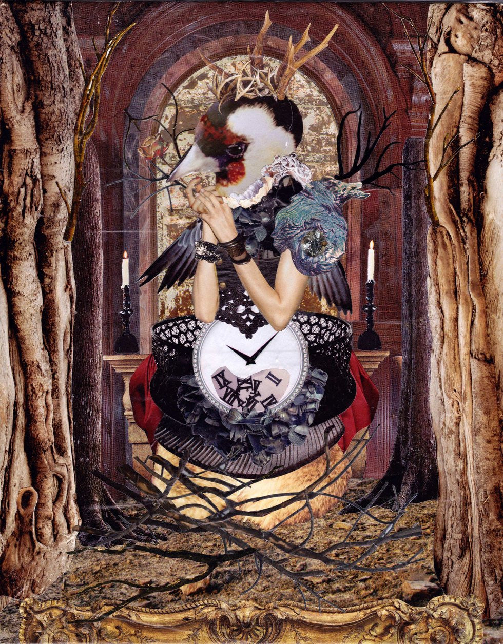 A surreal collage inspired by VAHGE, featuring a bird-headed figure in an arched, candlelit room. The ornate attire includes a clock on the chest, with branches and wood textures framing the scene for an Auguria-esque dreamlike atmosphere.