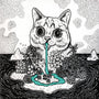 A whimsical drawing captures the charm of a Lil Bub exhibit with a giant cat head on an island, playfully sticking out its tongue to form a turquoise waterfall. Dotted with lush plants and clouds above, this piece in acrylic and ink on wood panel echoes Heiko Windischs style.