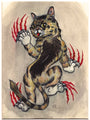 Cody Miles presents a limited edition poster featuring a humorous illustration of a cat with a muscular humanoid body, brown and black fur, a white belly, and playful expression. The cat stands upright against red claw marks, sticking out its tongue mischievously.
