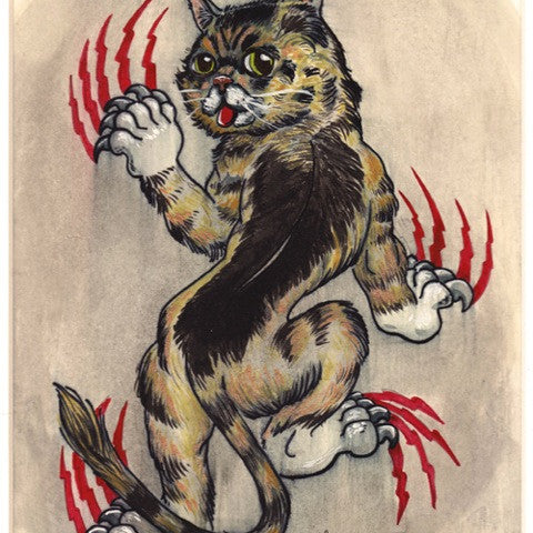 Cody Miles presents a limited edition poster featuring a humorous illustration of a cat with a muscular humanoid body, brown and black fur, a white belly, and playful expression. The cat stands upright against red claw marks, sticking out its tongue mischievously.