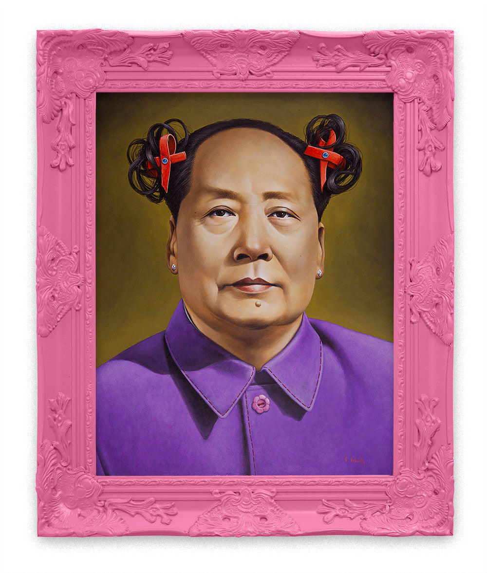 A Scott Scheidly portrait showcases a person in a purple outfit with red hair barrettes, elegantly framed in an ornate pink frame. This acrylic on masonite piece captures attention at the Scope Art Fair with its striking simplicity.
