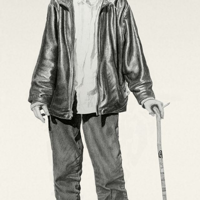 A pencil drawing of an elderly person with shoulder-length hair wearing a leather jacket, shirt, and pants while holding a cane. They stand facing forward with a gentle expression in the Joel Phillips style, echoing works displayed at Art Basel Miami Beach.