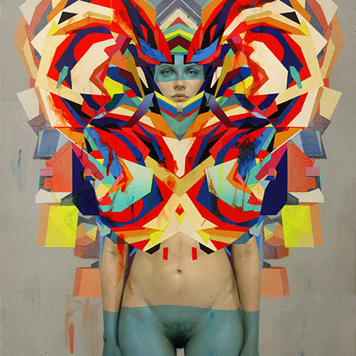 A digitally altered image shows a person with colorful abstract shapes forming a headdress and chest design, reminiscent of Erik Jones art. The neutral background contrasts with vibrant reds, blues, and yellows, reflecting the innovation seen at Art Basel Miami Beach.