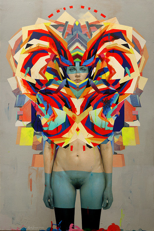 A digitally altered image shows a person with colorful abstract shapes forming a headdress and chest design, reminiscent of Erik Jones art. The neutral background contrasts with vibrant reds, blues, and yellows, reflecting the innovation seen at Art Basel Miami Beach.