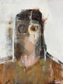 The abstract painting Anonymous #10 by Brett Amory depicts a figure with indistinct, mask-like facial features. Earthy browns, beiges, and blacks blend seamlessly on a light background, emphasizing the distorted eyes and mouth.