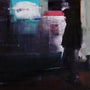 A person in a dark hoodie stands in profile, holding a plastic bag. The abstract scene, similar to Brett Amorys Waiting #193, features blurred lights and shadows creating an urban, nighttime atmosphere on oil on board. (Brand Name: Brett Amory).