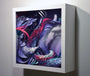 The 3D artwork Heliotropic III by Crystal Wagner, in a white frame, features intricate multicolored paper sculptures. Swirling purple, blue, and red patterns create a dynamic abstract visual within the shadow box at Art Basel Miami Beach.