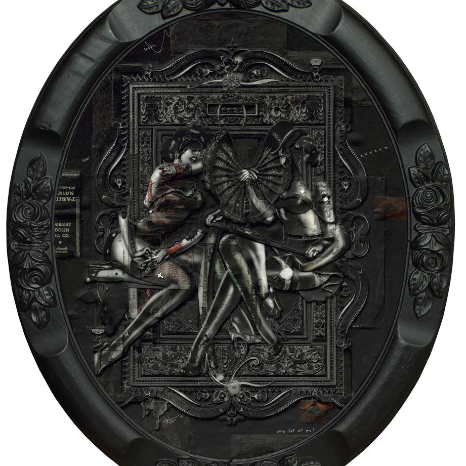 This abstract artwork, in Handiedans signature style, portrays two seated figures with a fan in an ornate frame with floral patterns. It seamlessly merges classical and modern elements, uses muted colors, and intricate textures akin to Art Basel Miami Beach exhibits.