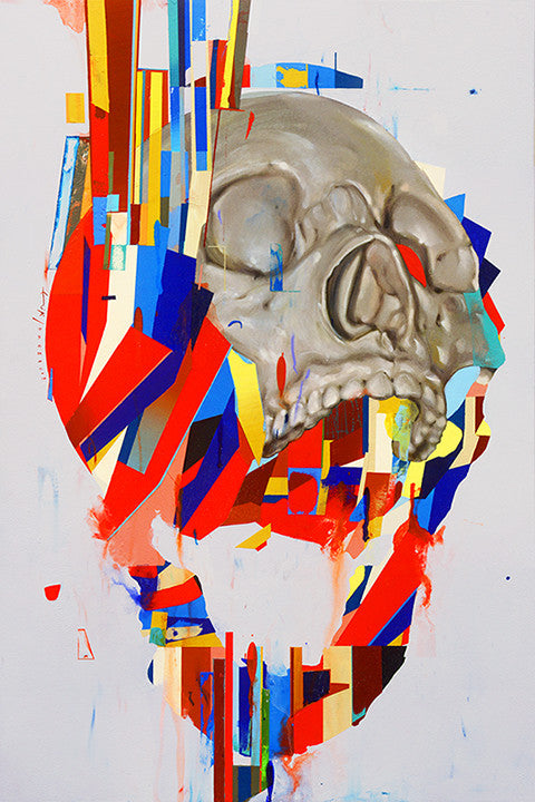 Original work by Erik Jones, this abstract art piece showcases a gray skull integrated into a geometric pattern of red, blue, yellow, and white shapes. The dynamic design captivates with overlapping colors and lines, echoing styles seen at Art Basel Miami Beach.
