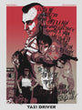 Grzegorz Domaradzkis t-shirt features an illustrated Taxi Driver poster with a strong man holding a gun, graffiti-style text, and cityscape graphics. Printed on 100% cotton, its intense colors and stylized portraits create a gritty, urban vibe suitable for all genders.