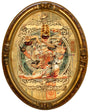 An ornate oval frame encases a collage featuring a multi-armed figure with masks and abstract elements. This piece, reminiscent of Handiedans style, layers surreal and classical influences with intricate details, similar to her Karma No.3 series.