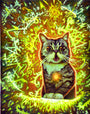 A cheerful cat, similar to Lil Bub, sits among vibrant neon colors and intricate patterns with large curious eyes and tongue out. The Rod Luff background is like Spoke Arts original paintings, filled with swirling shapes in yellow, green, and orange.