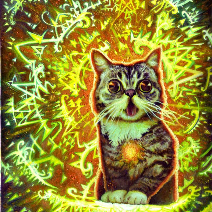 A cheerful cat, similar to Lil Bub, sits among vibrant neon colors and intricate patterns with large curious eyes and tongue out. The Rod Luff background is like Spoke Arts original paintings, filled with swirling shapes in yellow, green, and orange.