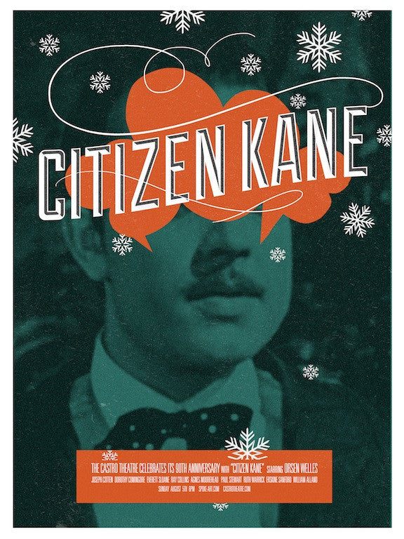 This limited-edition Adam Juresko print features a retro-style Citizen Kane poster with a partially visible mans face against snowflakes, celebrating the 80th anniversary at The Castro Theatre, starring Orson Welles.