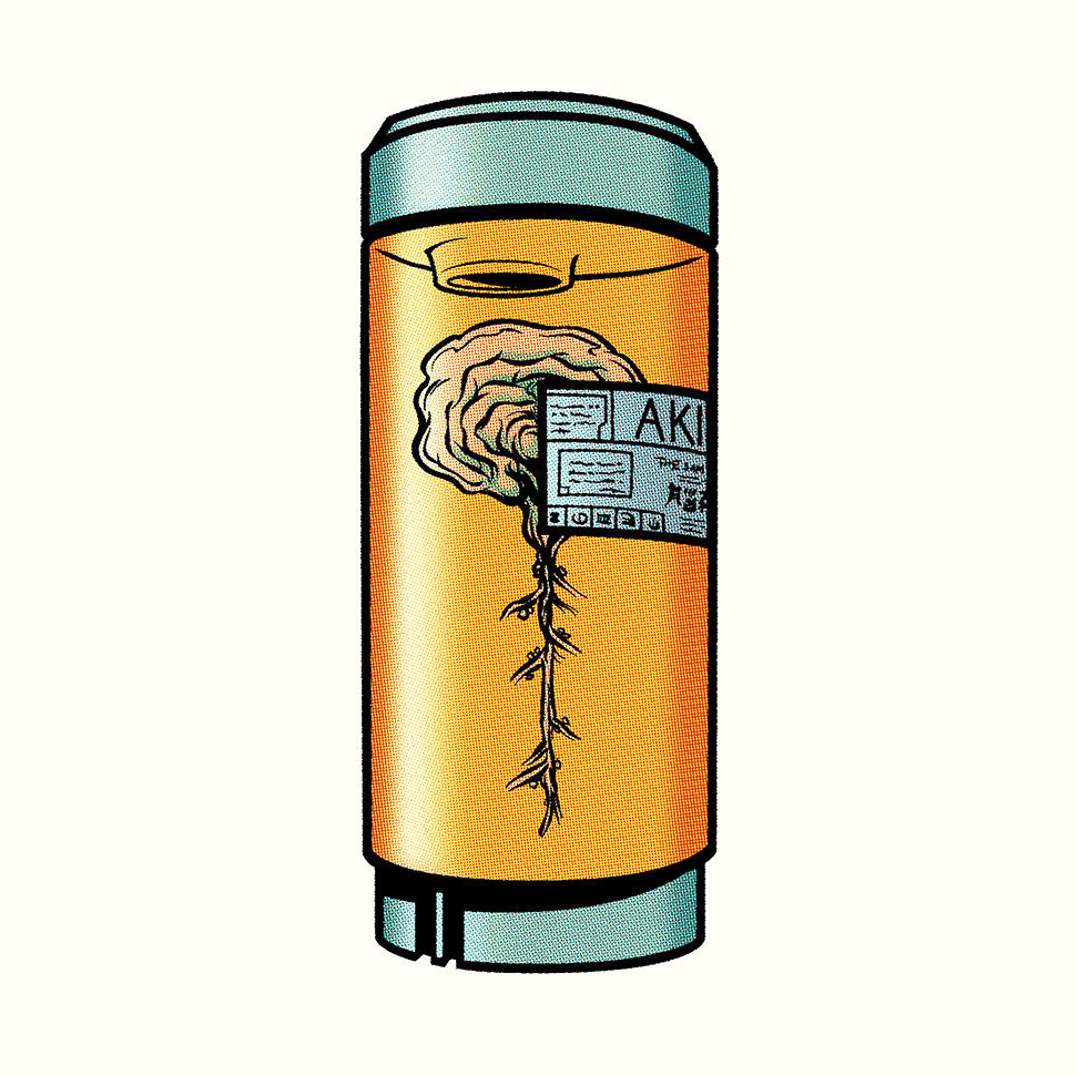 Illustration of a brain in a fluid-filled cylindrical jar, with text on the label highlighting the brain stem. Emulating Joshua Budichs style, it features a plain background and captures a screenprint vibe inspired by AKIRA’s unique artistry.