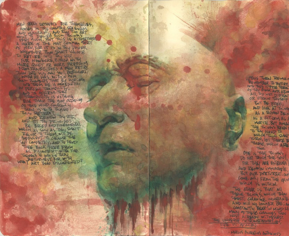 An Akira Beard painting features a contemplative face with closed eyes, surrounded by red, green, and yellow splashes. Ink flows like watercolor on the canvas, blending handwritten text into the abstract background for a thoughtful and artistic feel.
