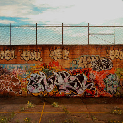 A brick wall with colorful graffiti under a partly cloudy sky resembles a vibrant oil painting. The old concrete ground, dotted with grass and yellow flowers, echoes the style of Jessica Hess. Above the wall, a chain-link fence evokes themes from Alcatraz Redux.