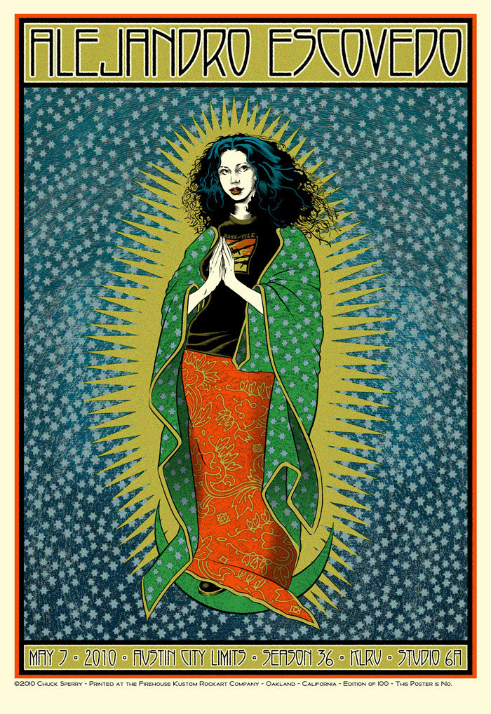 Chuck Sperrys vintage-style concert poster for Alejandro Escovedo depicts a woman with blue hair, clasped hands in prayer, wearing a green shawl and red skirt. Set against a sunburst background, its inspired by Austin City Limits and includes concert details at the bottom.