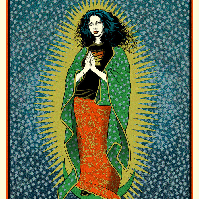 Chuck Sperrys vintage-style concert poster for Alejandro Escovedo depicts a woman with blue hair, clasped hands in prayer, wearing a green shawl and red skirt. Set against a sunburst background, its inspired by Austin City Limits and includes concert details at the bottom.
