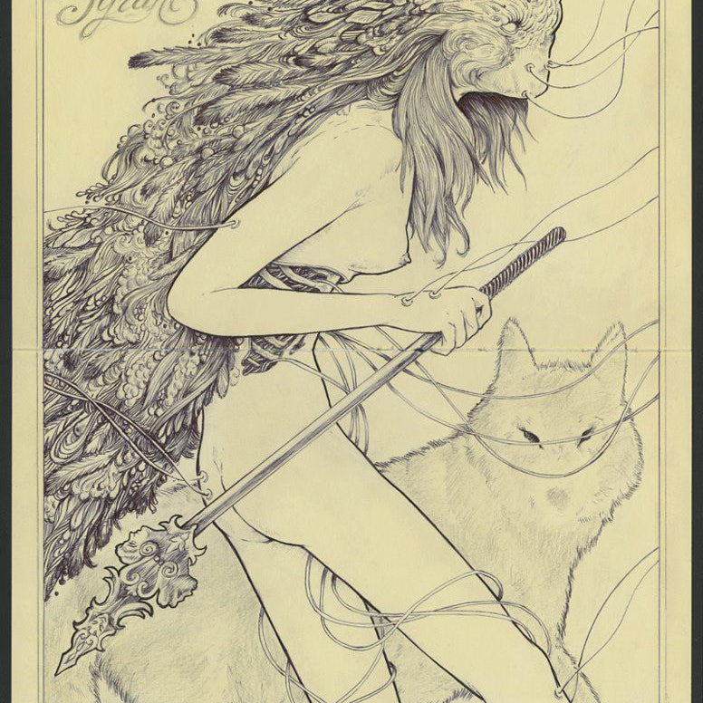 A mystical figure with a mask and flowing hair wields an ornate spear in Alex R. Kirzhners intricate ballpoint pen art. A fox adds to the surreal, ethereal vibe, with Tyrant inscribed in the corner of the Moleskine page.