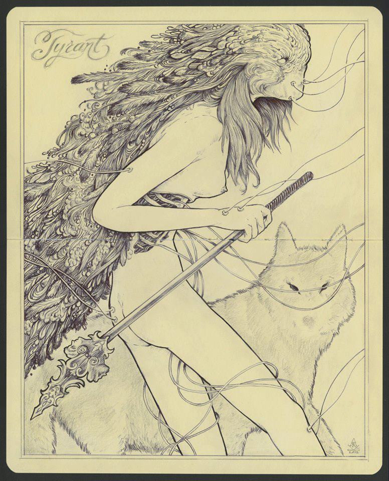 A mystical figure with a mask and flowing hair wields an ornate spear in Alex R. Kirzhners intricate ballpoint pen art. A fox adds to the surreal, ethereal vibe, with Tyrant inscribed in the corner of the Moleskine page.