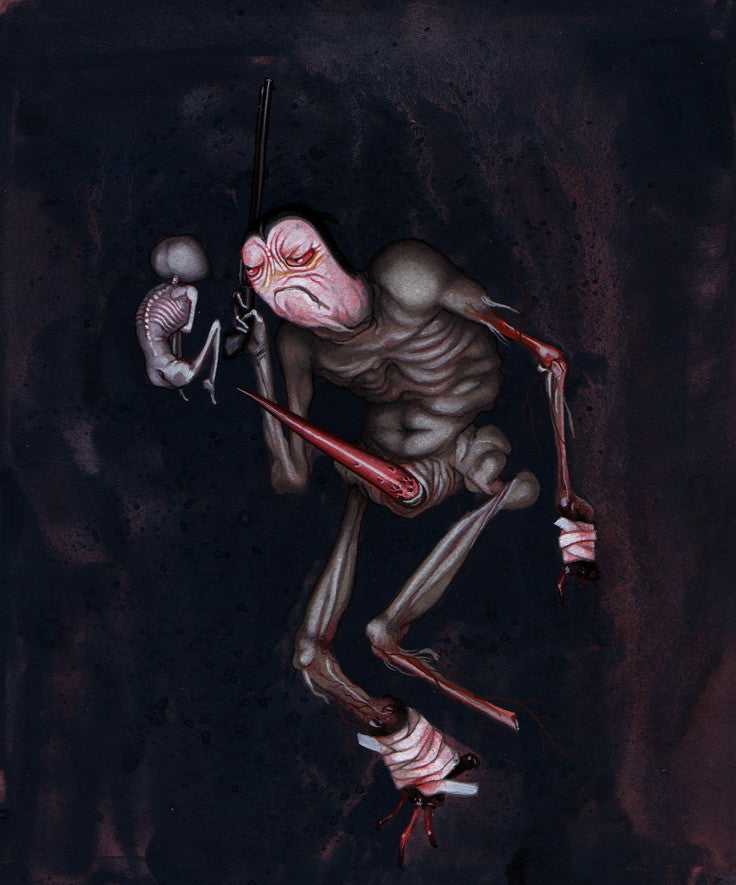 A surreal creature with a skeletal, distorted body holds a smaller figure; its long red nose and bandaged mismatched limbs emerge from the gouache painting on illustration board by Allison Sommers, set against a dark background.