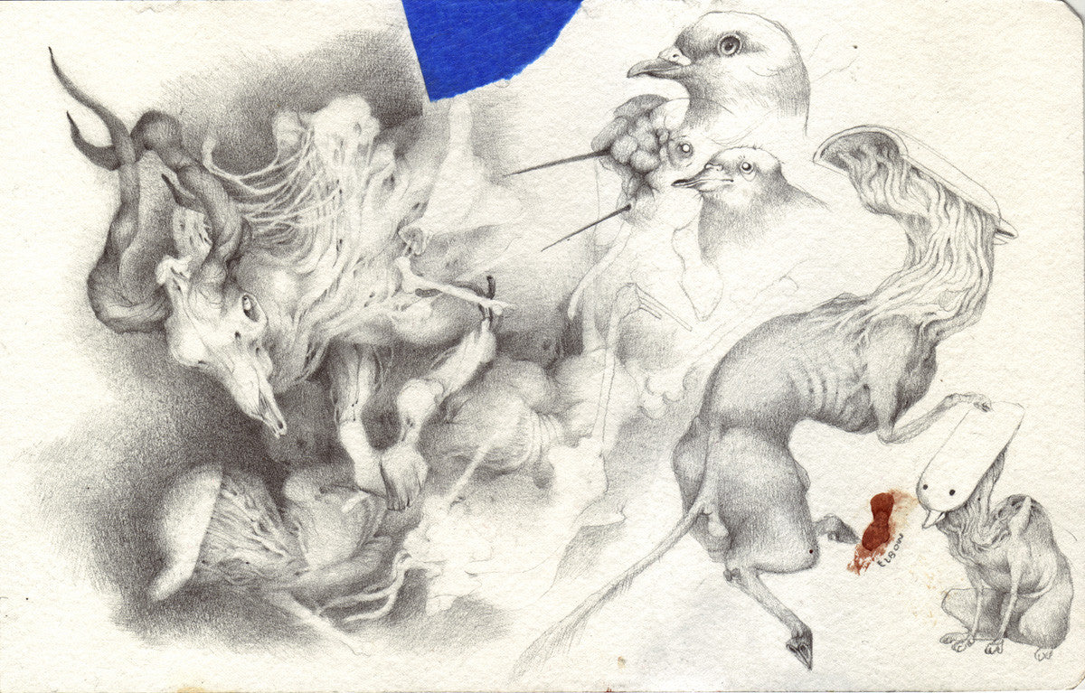A surreal graphite-style illustration by Allison Sommers features fantastical creatures: a horned beast with a flowing mane, bird-like figures with long necks, fox-like legs, all in grayscale with a blue triangle accent.