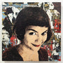 Illustrated portrait of a woman with short dark hair and a slight smile, channeling Amélies charm, set against a textured background. The scene echoes Greg Gossels layered style, blending vintage illustrations and text seamlessly.