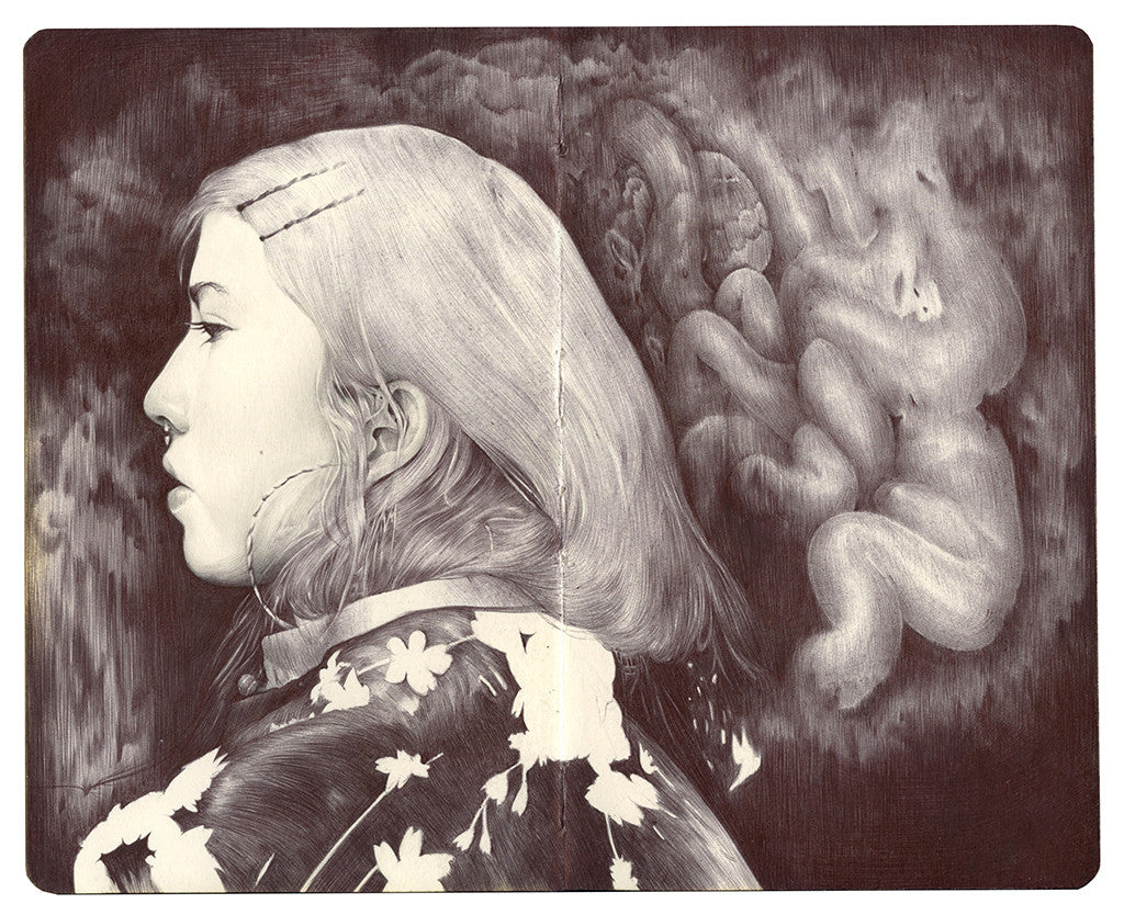 Amliv Sotomayor presents a surreal pencil drawing of a woman in profile, her long hair blending into abstract cloud-like forms. She wears a floral-patterned garment. Crafted on Moleskine paper, the monochrome art boasts fine shading and is ideal for custom framing for an elegant display.