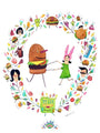 A whimsical Ana Aranda-inspired illustration showcases a girl in a green dress and bunny ears dancing with an anthropomorphic burger amid colorful, playful figures, evoking the vibrant energy of Dancing Burgers scenes framed by lively floral designs.