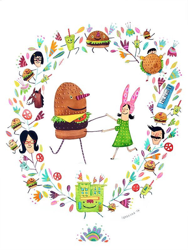 A whimsical Ana Aranda-inspired illustration showcases a girl in a green dress and bunny ears dancing with an anthropomorphic burger amid colorful, playful figures, evoking the vibrant energy of Dancing Burgers scenes framed by lively floral designs.
