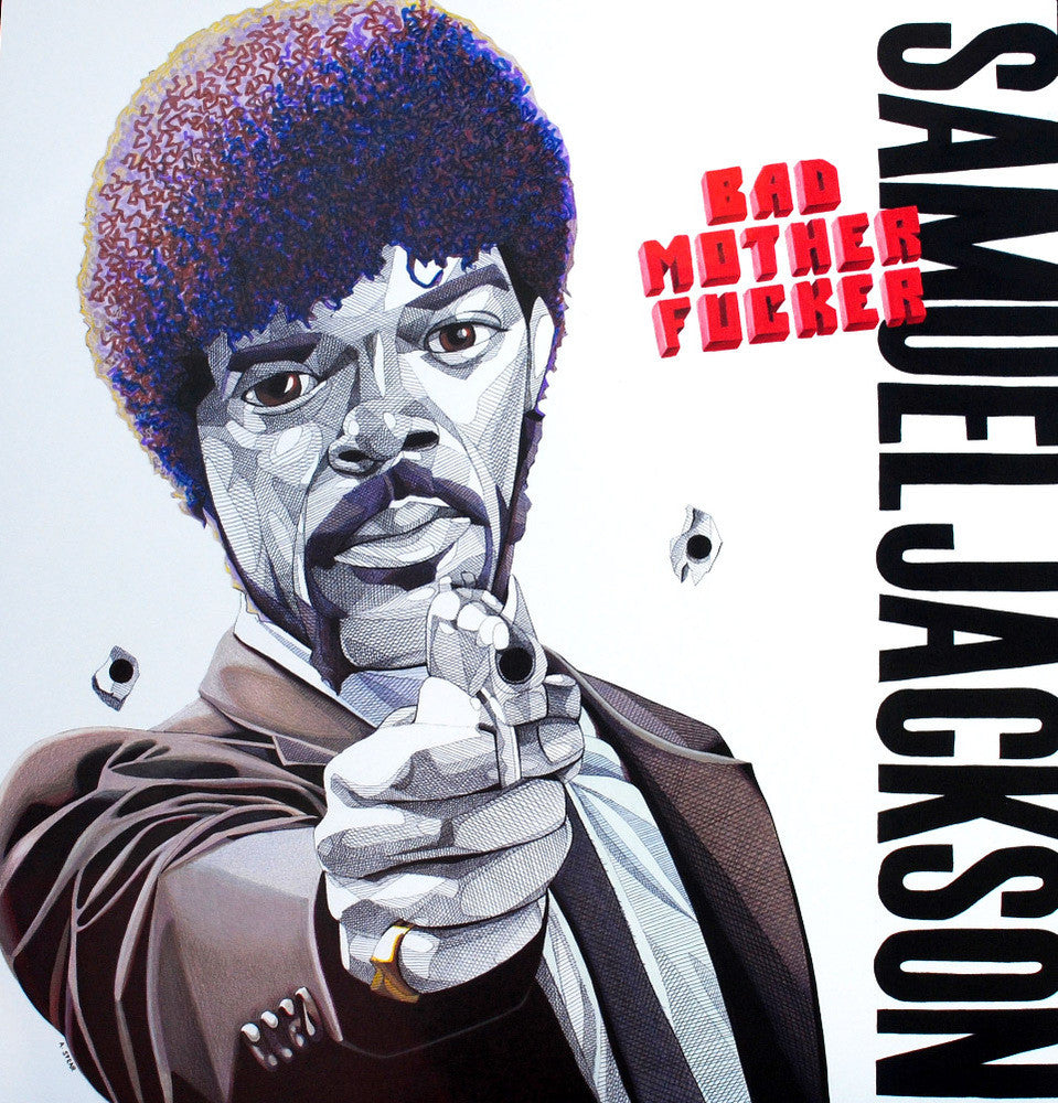 An illustrated portrait in Andrew Spears style depicts a suited man aiming a gun at the viewer. The ink marker background has bullet holes and bold Bad Mother Fucker text, with Samuel Jackson vertically on the right.