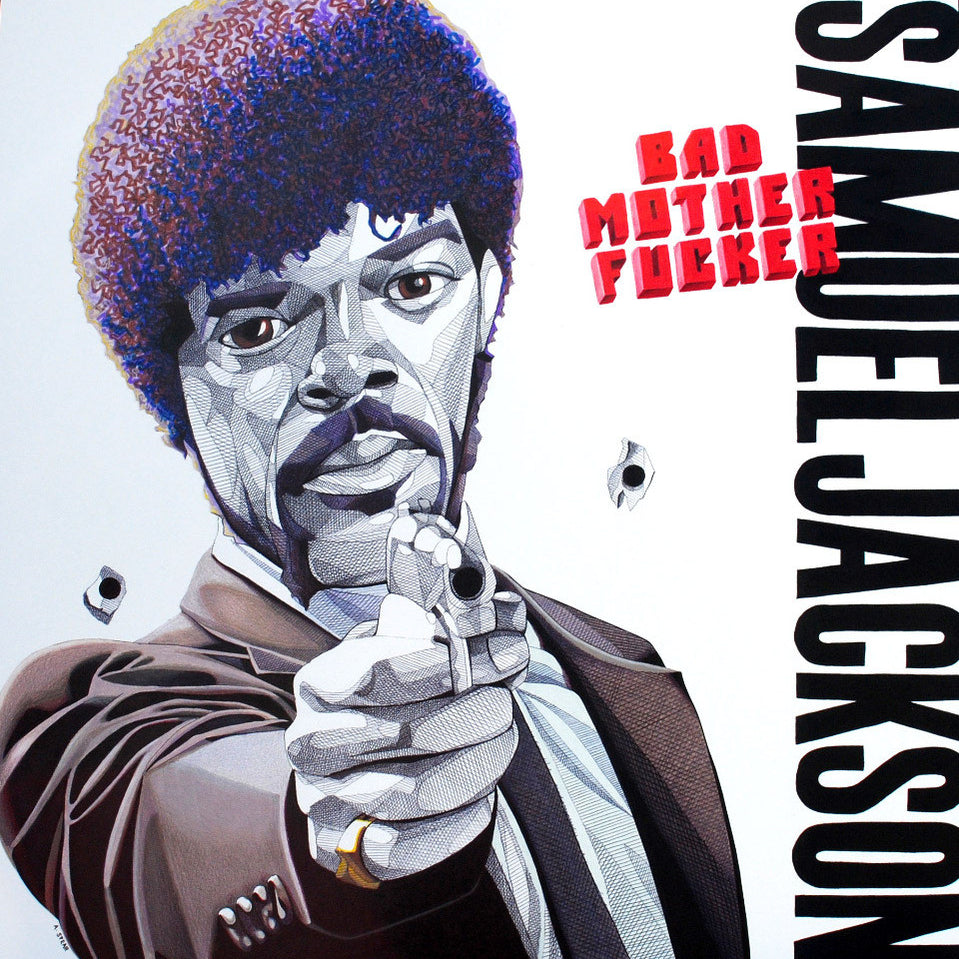 An illustrated portrait in Andrew Spears style depicts a suited man aiming a gun at the viewer. The ink marker background has bullet holes and bold Bad Mother Fucker text, with Samuel Jackson vertically on the right.