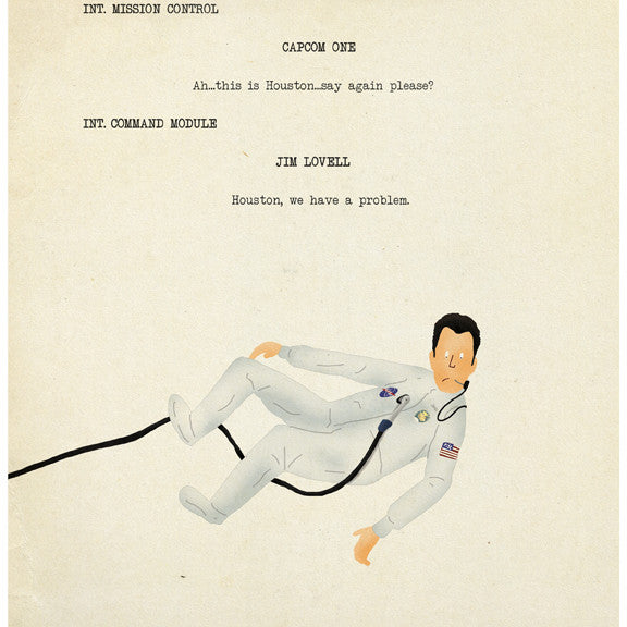 An illustrated astronaut by Max Dalton drifts in space, clutching a suit-connected hose. Above, text captures Jim Lovells famous line: Houston, we have a problem.