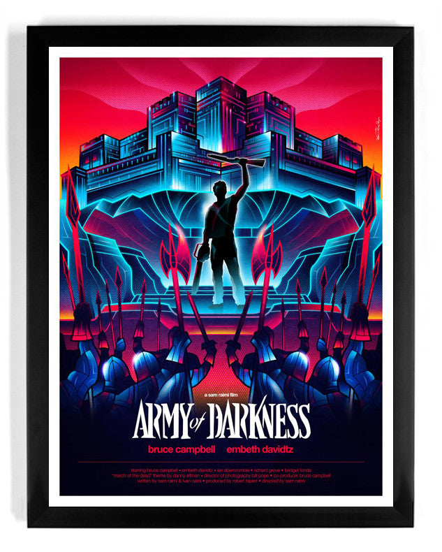 A Army of Darkness poster by Van Orton Design shows a silhouetted figure with a Boom Stick and chainsaw triumphantly overlooking a fortress, set in vibrant red, blue, and purple hues that create an intense fine art giclee atmosphere.