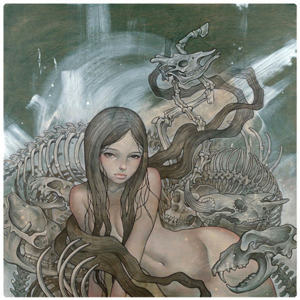 A digital artwork inspired by Audrey Kawasaki showcases a long-haired girl amid intricate skeletons in a dreamlike, swirling environment. The subdued colors and enigmatic atmosphere capture the charm of fine art giclée prints.