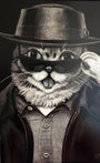 Tapecats fine art print portrays a cat in a fedora, sunglasses, and leather jacket with its tongue out, capturing a cool Heisenbub vibe. The monochrome style adds an edgy touch reminiscent of a star from the Lil Bub show.