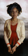 This Michael Ramstead oil on canvas depicts a curly-haired person in a red top and beige striped cardigan against abstract muted colors, their gaze inviting the viewer with an enigmatic, almost oni-like expression.
