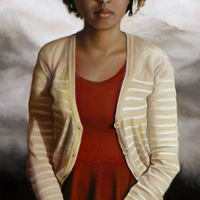 This Michael Ramstead oil on canvas depicts a curly-haired person in a red top and beige striped cardigan against abstract muted colors, their gaze inviting the viewer with an enigmatic, almost oni-like expression.
