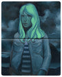 A Bagger43-inspired painting of a woman with long green hair, in a striped shirt and denim jacket, set against a stormy sky. Her serious expression complements the cool, moody color scheme.