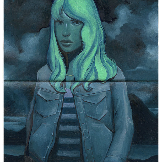 A Bagger43-inspired painting of a woman with long green hair, in a striped shirt and denim jacket, set against a stormy sky. Her serious expression complements the cool, moody color scheme.