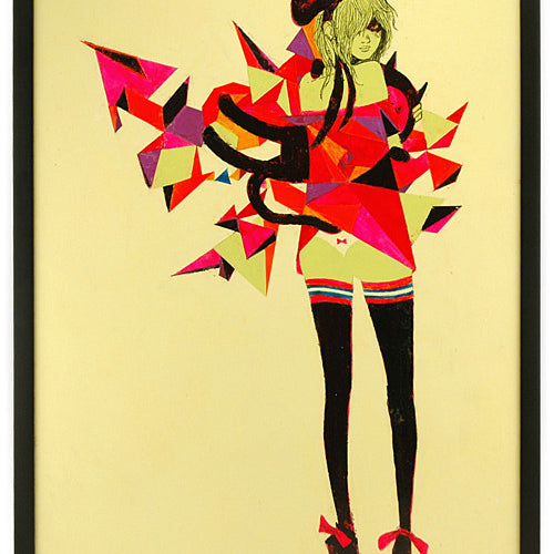 Artistic Barnaby Ward illustration of a person in a playful outfit with a large bow and striped stockings. The vibrant masonite background features colorful geometric shapes in red, pink, purple, and yellow hues, all framed in black for bold contrast.