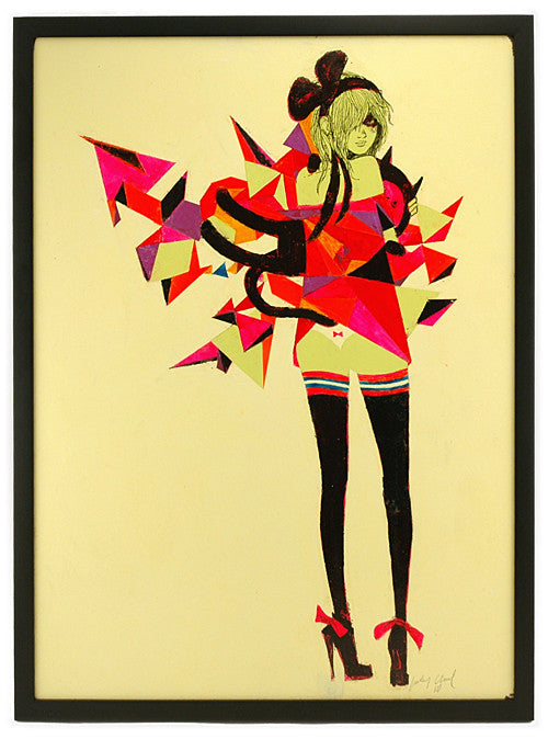 Artistic Barnaby Ward illustration of a person in a playful outfit with a large bow and striped stockings. The vibrant masonite background features colorful geometric shapes in red, pink, purple, and yellow hues, all framed in black for bold contrast.