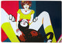 Barnaby Wards illustration showcases a short-haired individual in a yellow outfit and red gloves, seated with legs apart. A black, animal-like figure with a red spot is in front. The background features vertical color bands reminiscent of Spoke Art Gallerys style.